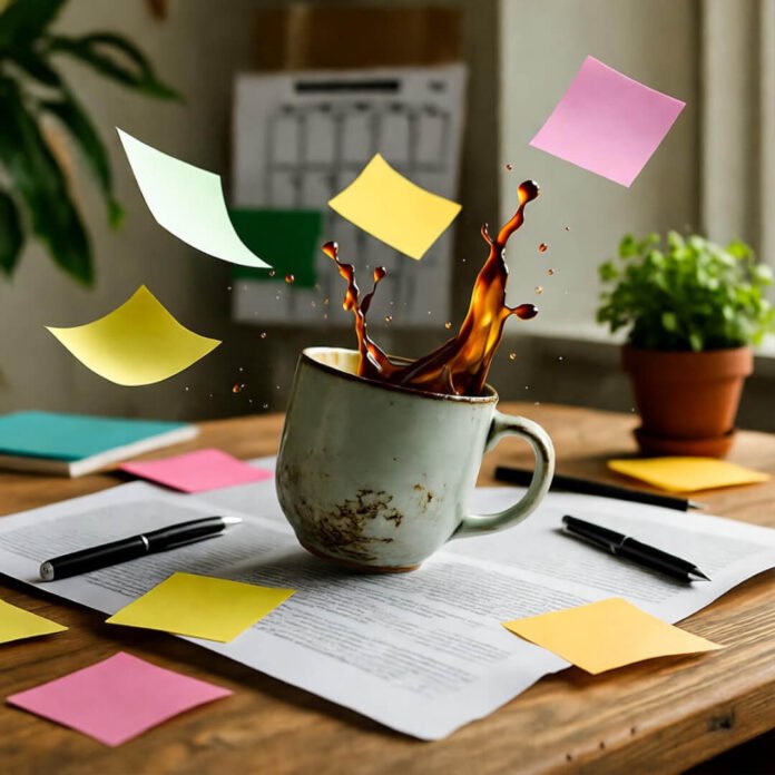 Chaotic Denver desk: spilling mug, swirling sticky notes. Chaotic Denver desk: spilling mug, swirling sticky notes.