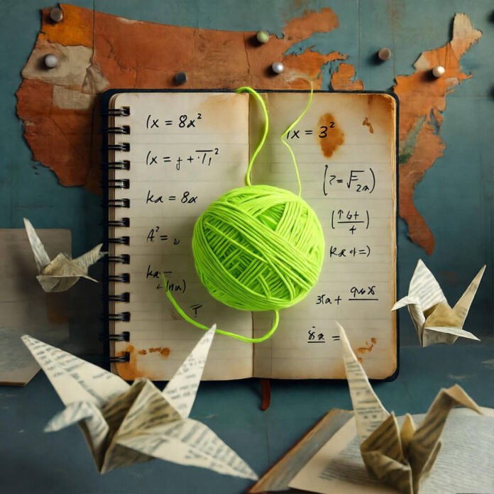 Neon yarn tangles notebook on US map. Neon yarn tangles notebook on US map.