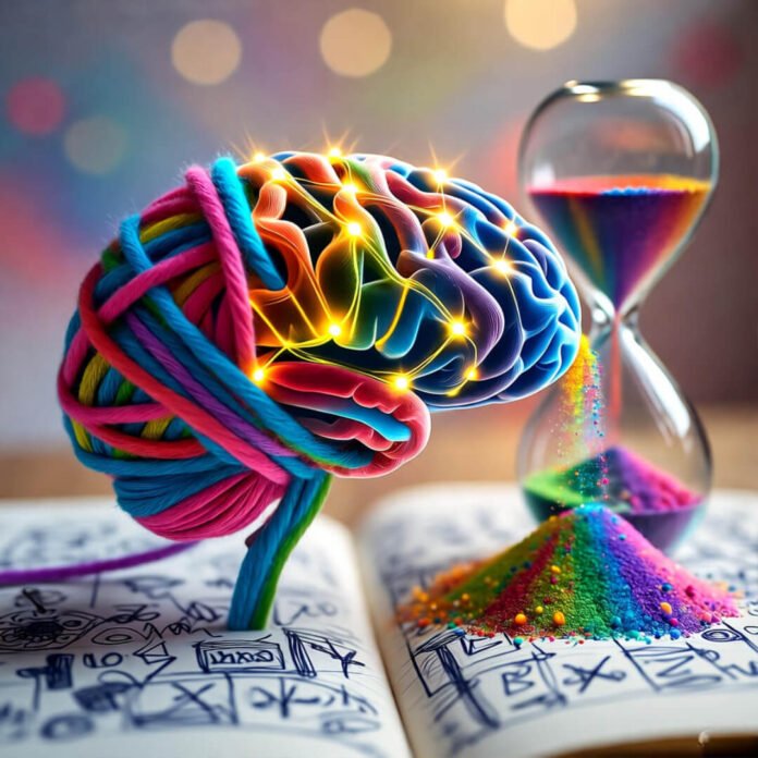 Neon yarn-brain synapse with rainbow hourglass. Neon yarn-brain synapse with rainbow hourglass.