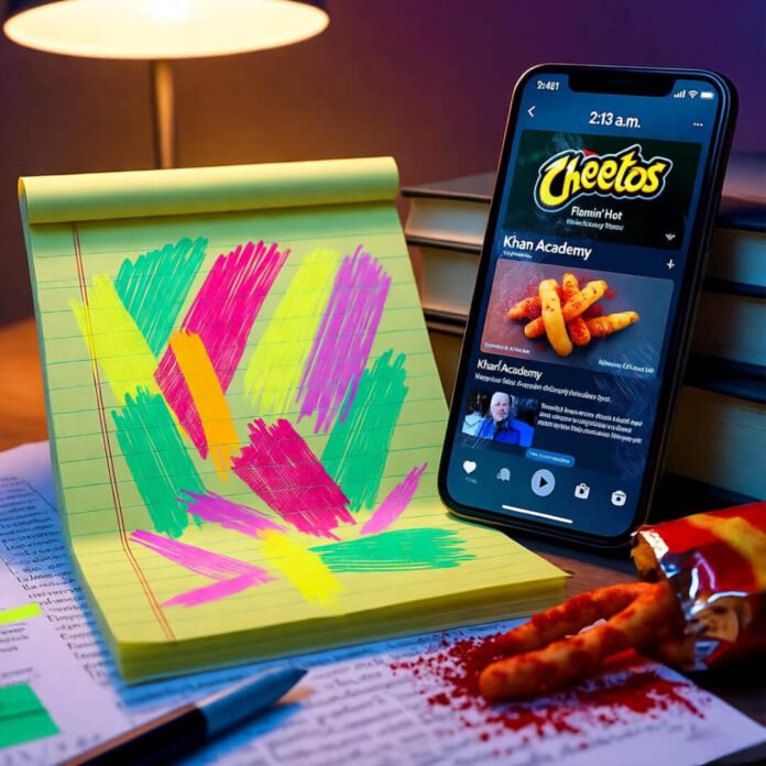 1 (1) Late-night study mess with Cheetos and Khan.