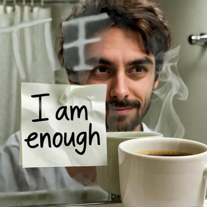 am enough" on foggy mirror.
