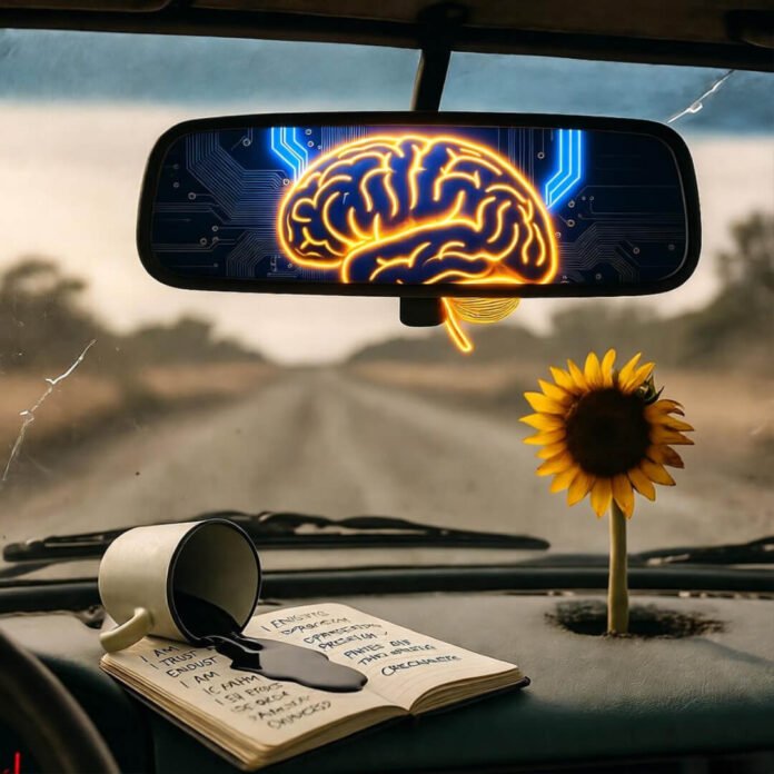 Cracked mirror reflects neon brain; spilled coffee, wilted sunflower.