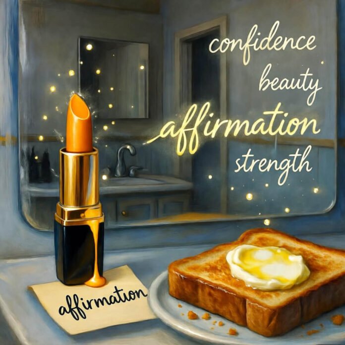 Dripping lipstick affirmation on foggy mirror, toast sticky note.