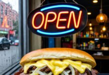 Creative Ideas for Starting Your Own Business: Tips from Successful Entrepreneurs Half-eaten cheesesteak, greasy keyboard, flickering neon "OPEN" sign.