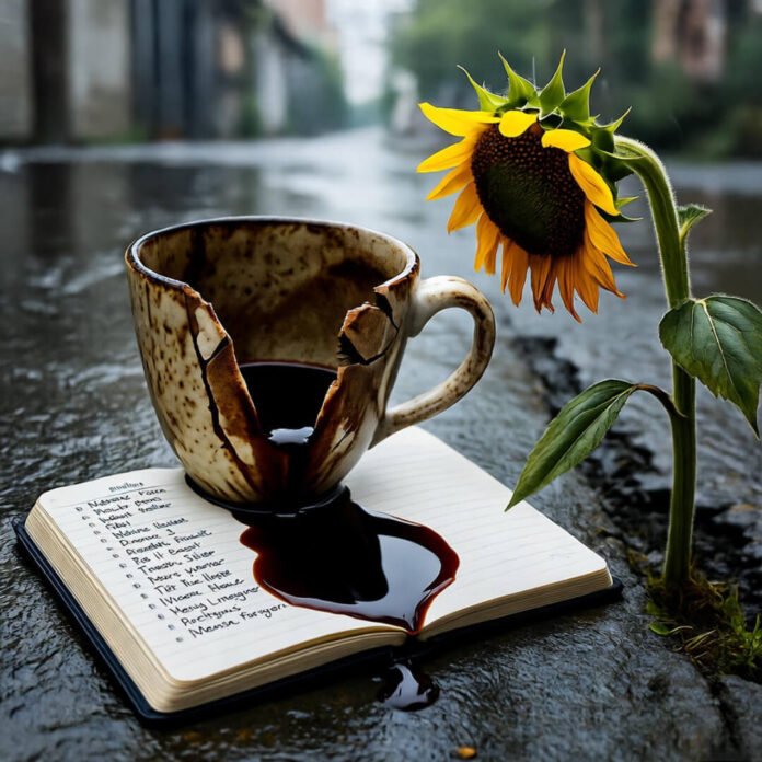 Cracked mug spills coffee on planner, wilted sunflower persists. Cracked mug spills coffee on planner, wilted sunflower persists.