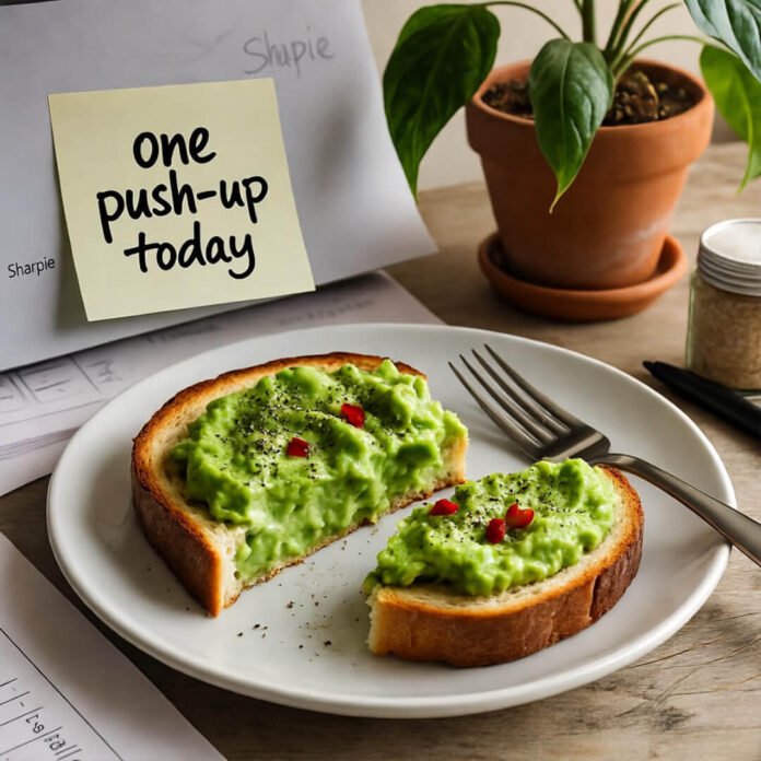 Avocado toast, sticky note, wilting plant on desk.