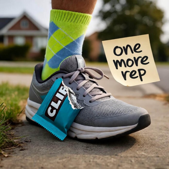 Sticky note and wrapper on sweaty shoe mid-run.