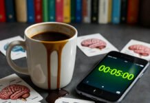 5 Powerful Learning Strategies to Retain More Information in Less Time Coffee spill on brain flashcards, timer at 00:05:00.