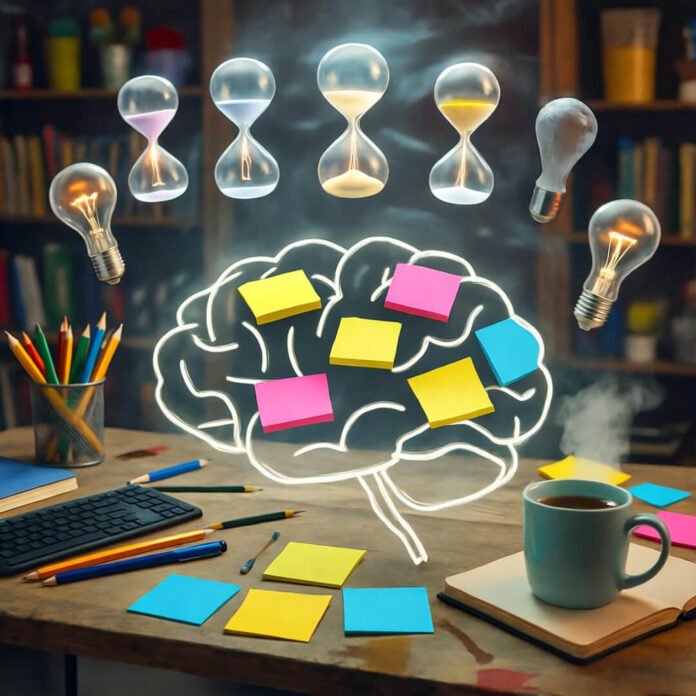 Sticky-note brain over cluttered desk.