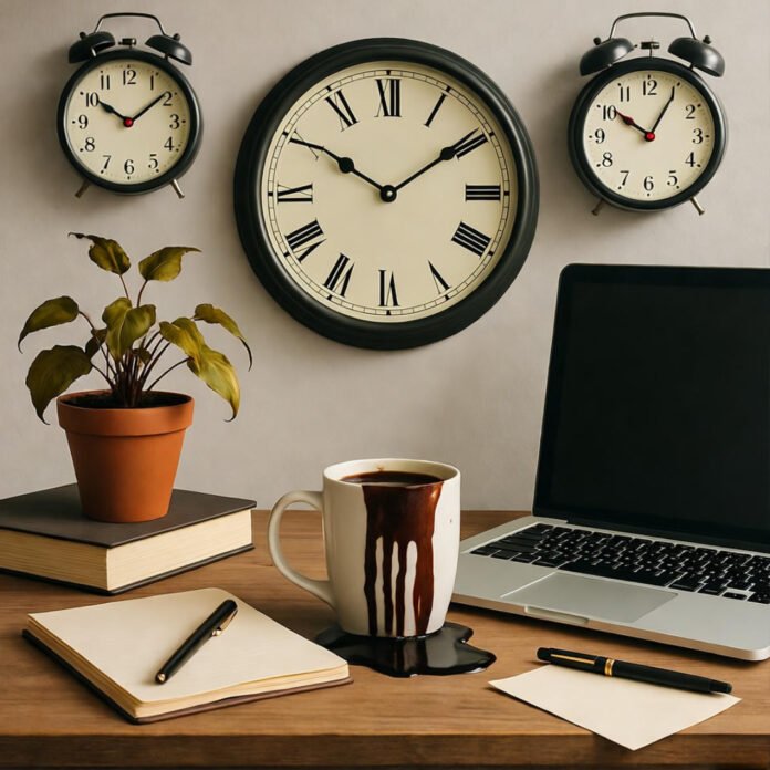 Cluttered desk chaos with floating clocks.