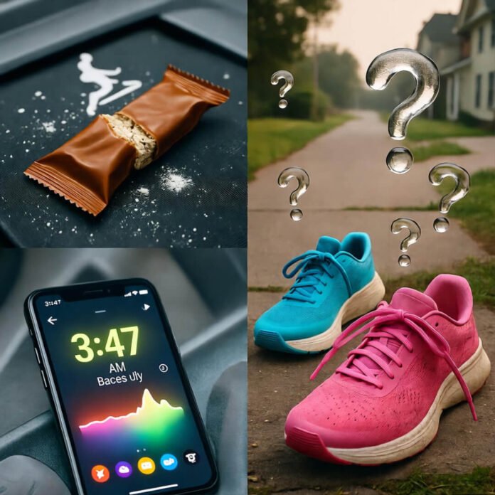 Protein bar on dusty treadmill, 3:47 AM.