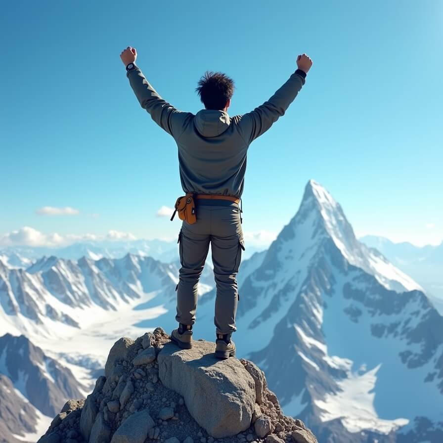 Person conquering mountain peak.