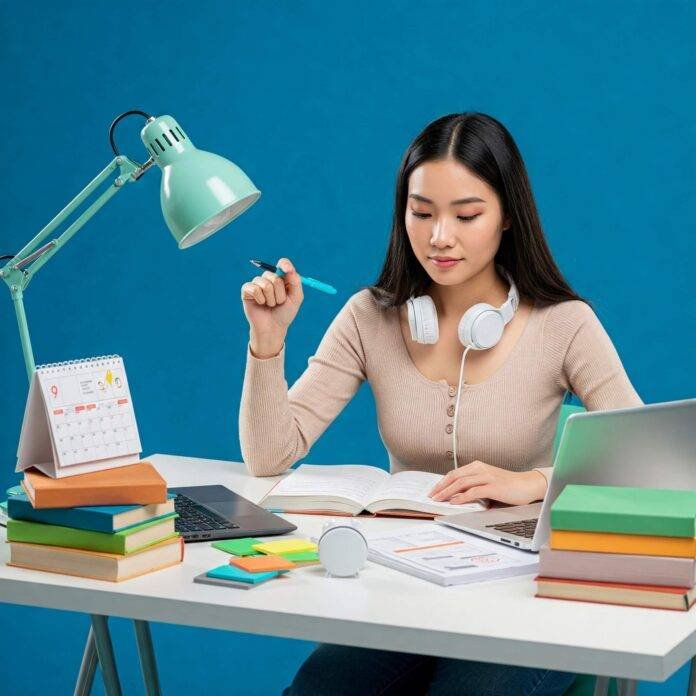 Confident student studying with books, laptop Confident student studying with books, laptop