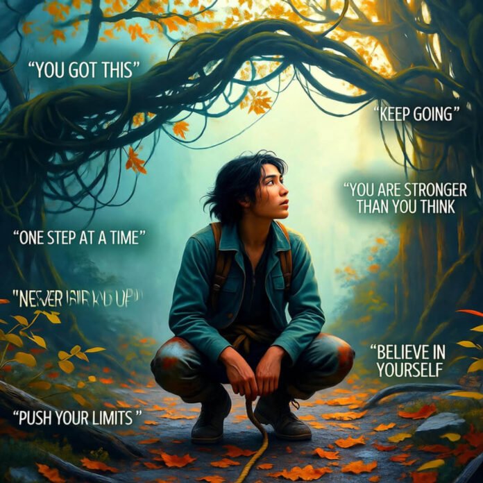 Hiker roping tangled vines on misty peak.