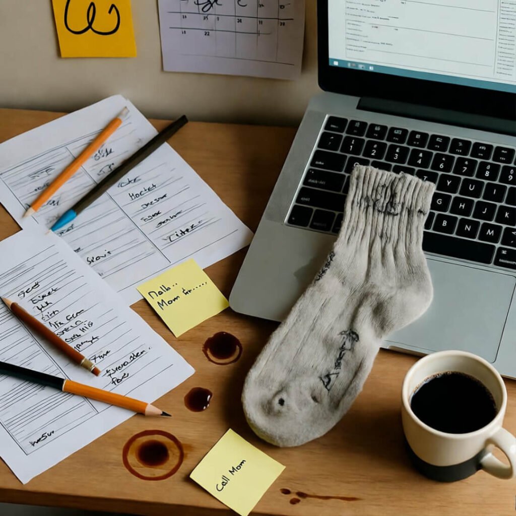 Messy desk with coffee stains, sock on keyboard.