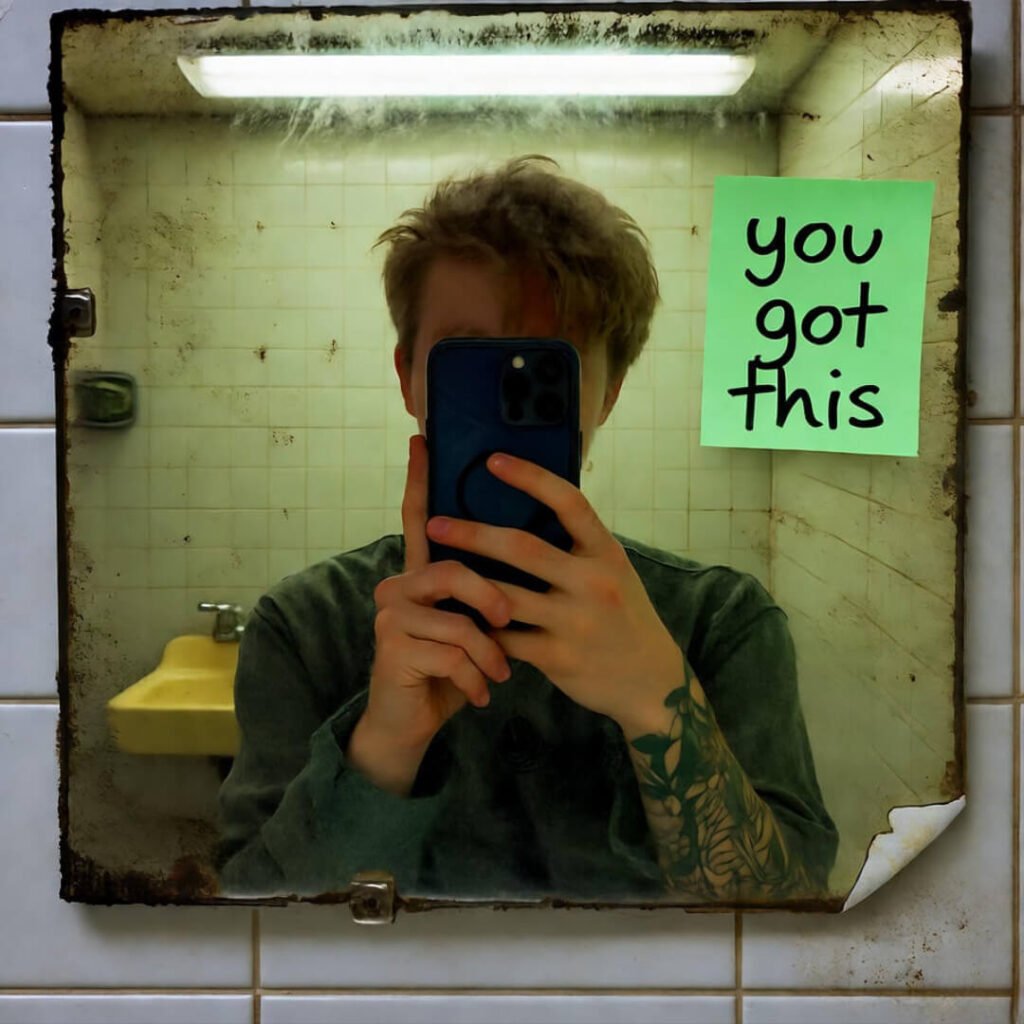 Cringe gas station mirror selfie, peeling "you got this."