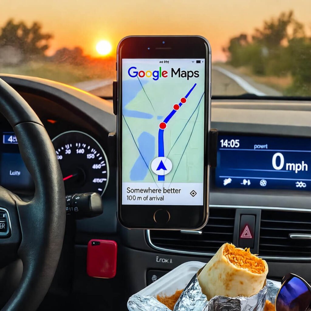 Cracked phone Maps to "somewhere better," burrito sunset.