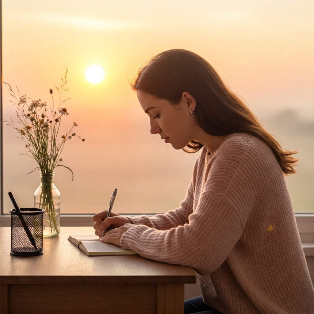 Person journaling at sunrise.