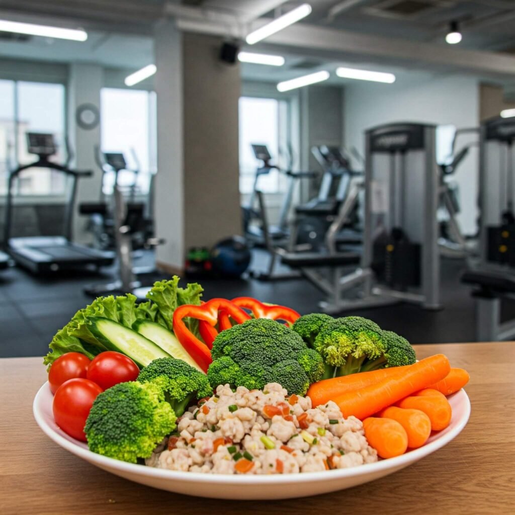 Colorful meal and gym equipment.