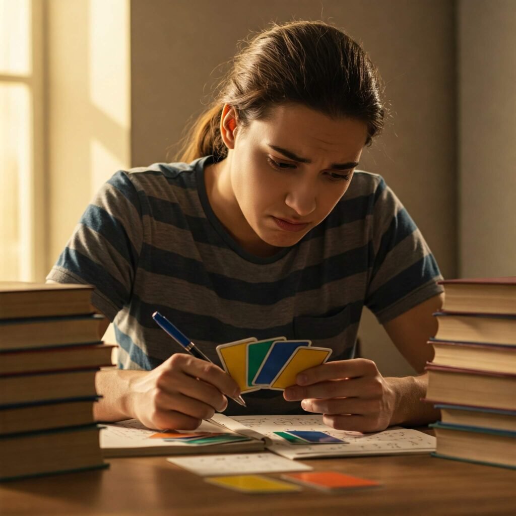 Student quizzing with flashcards