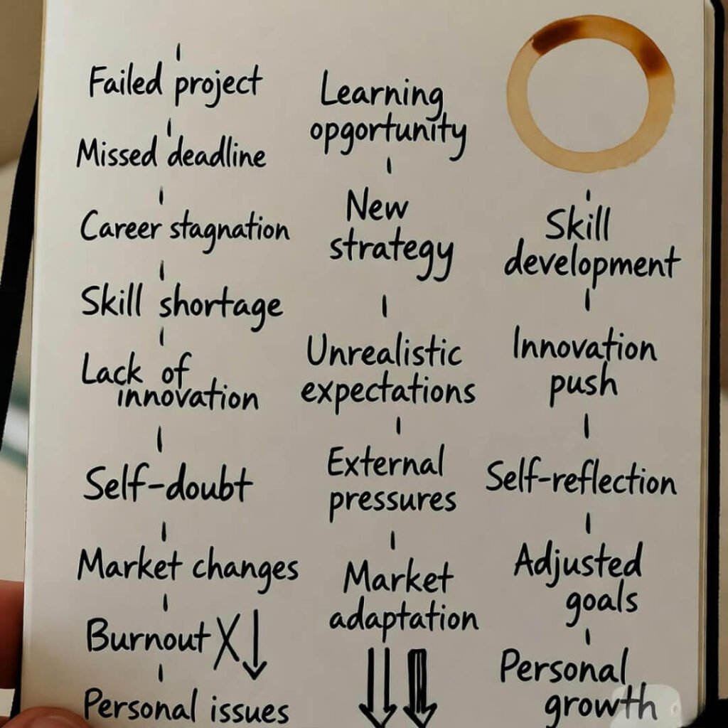 Coffee-stained journal: failure arrows to growth ladders.