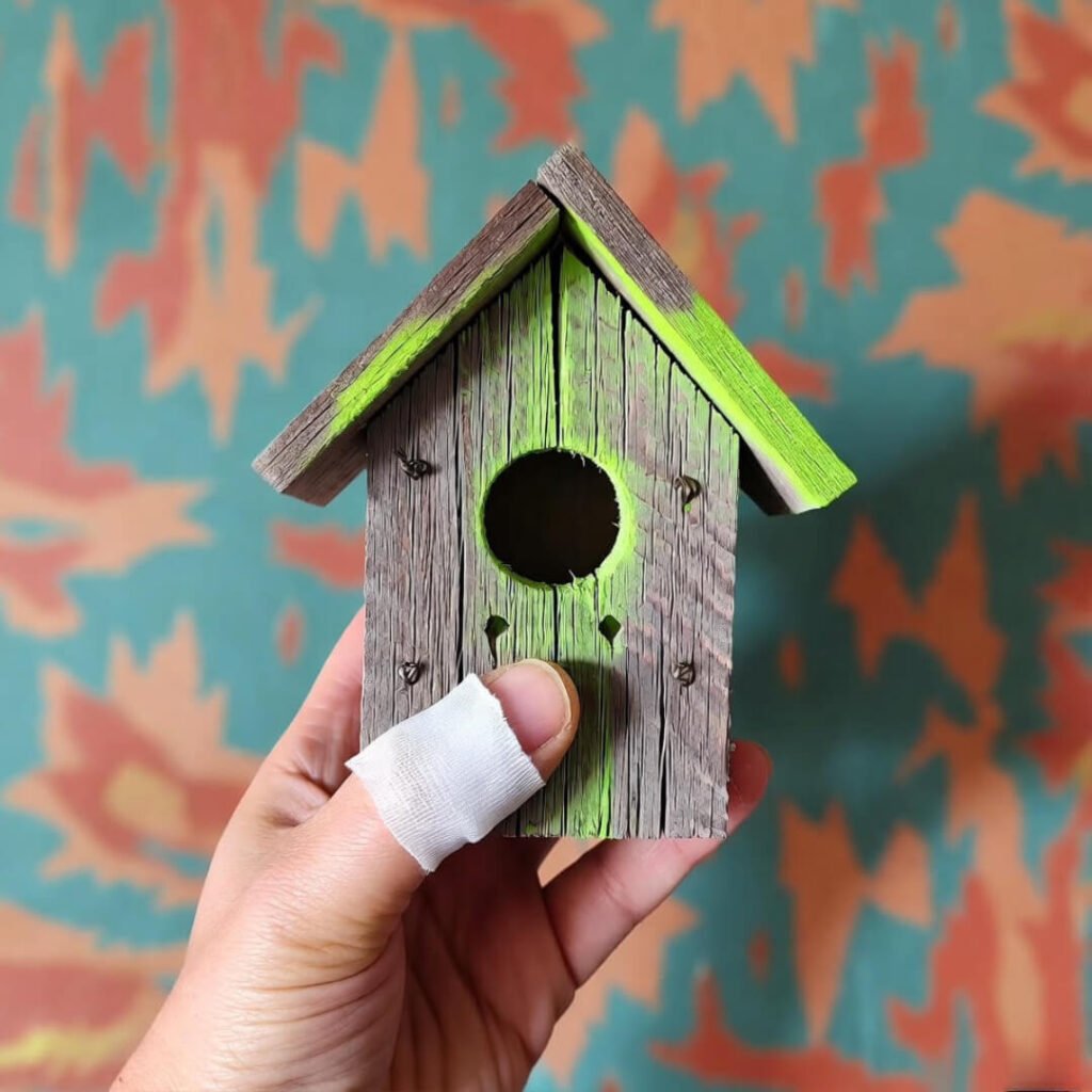 Bandaged thumb holds wonky birdhouse.