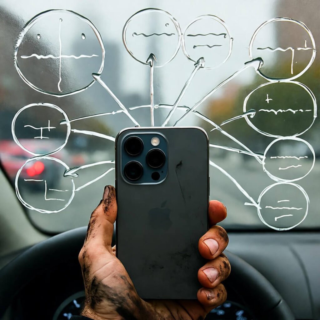 Mind map on foggy car window.