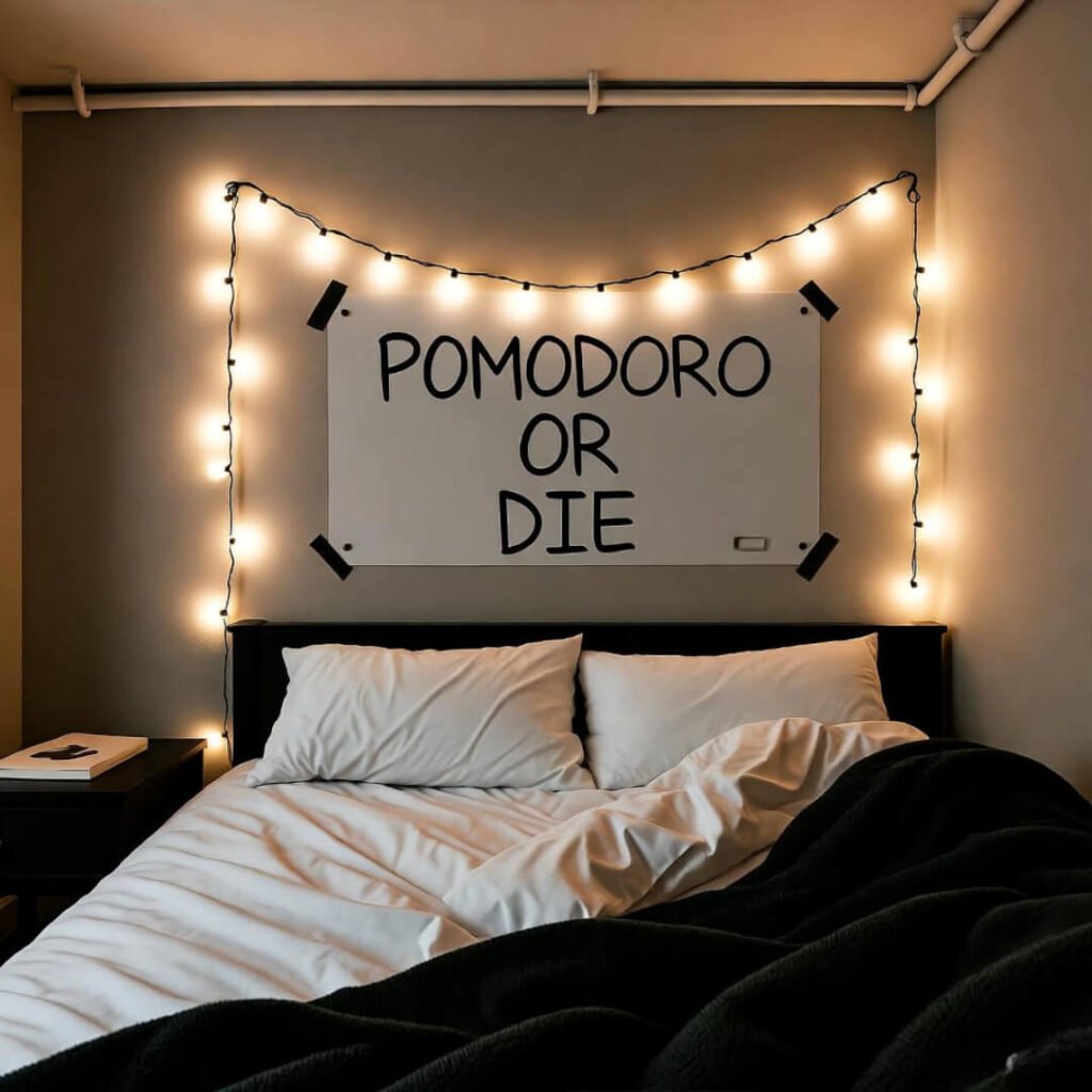 Fairy lights over "POMODORO OR DIE" whiteboard