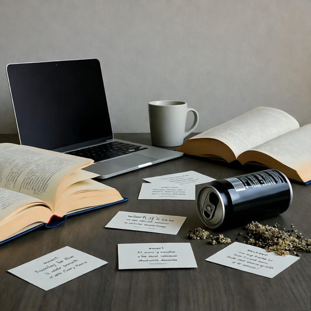 Affirmation cards amid desk chaos.
