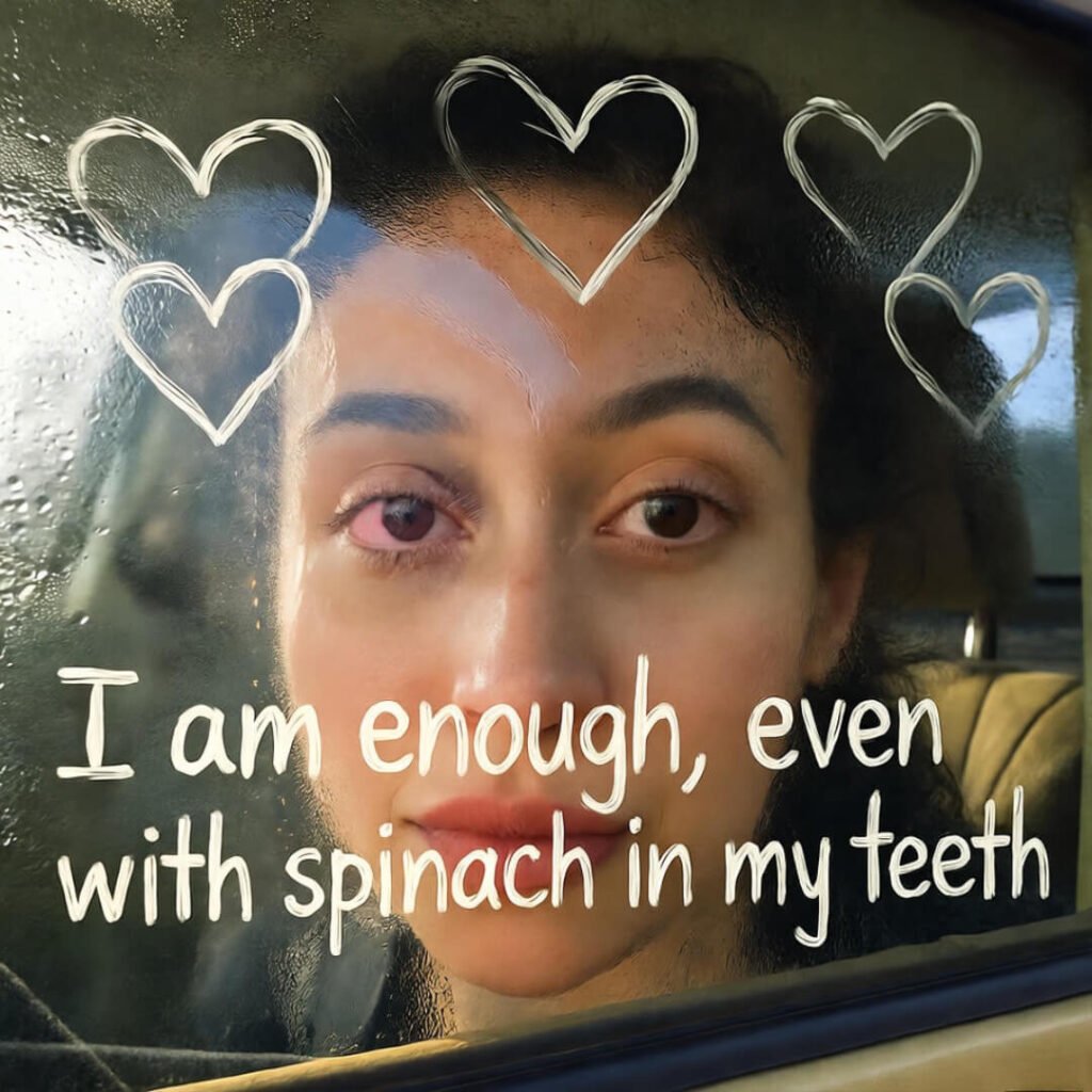 Fogged window with affirmation, tired eyes visible.