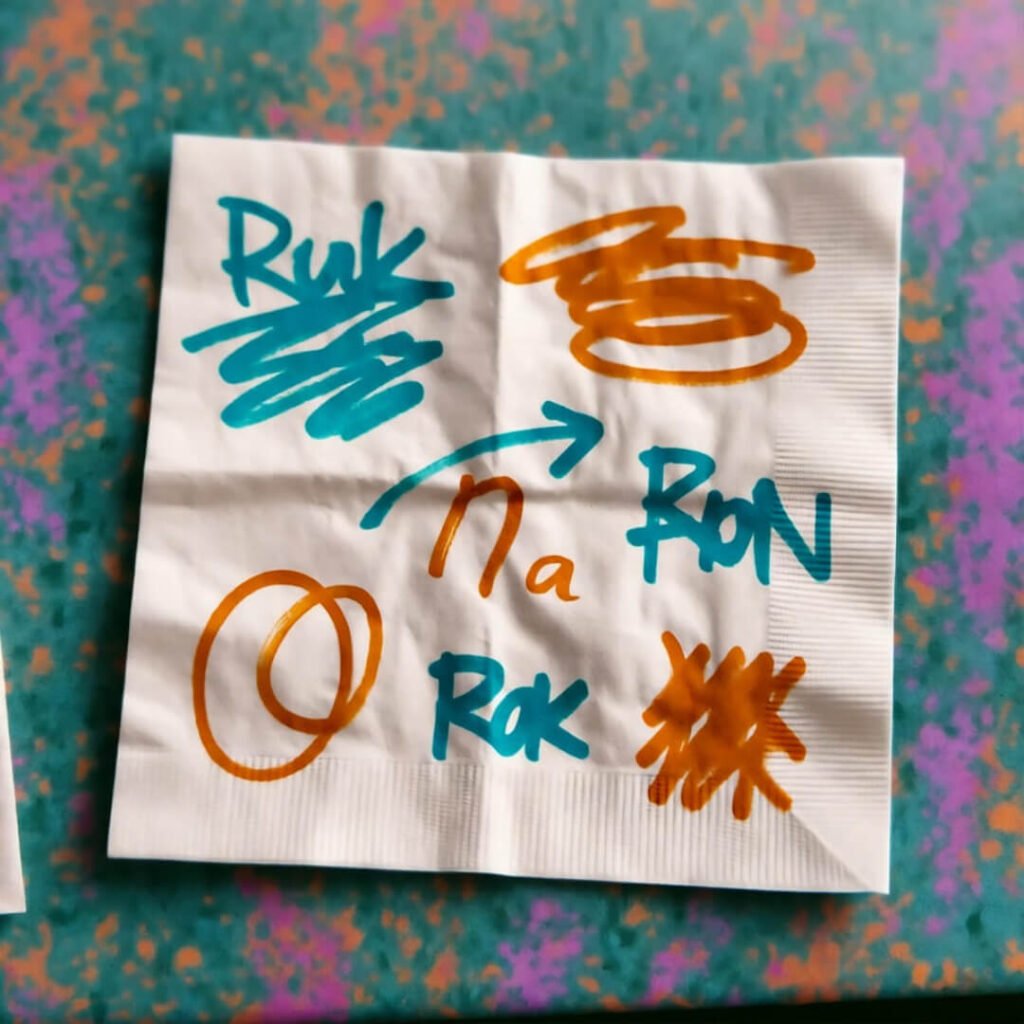 Tilted napkin scribbles on moving train.