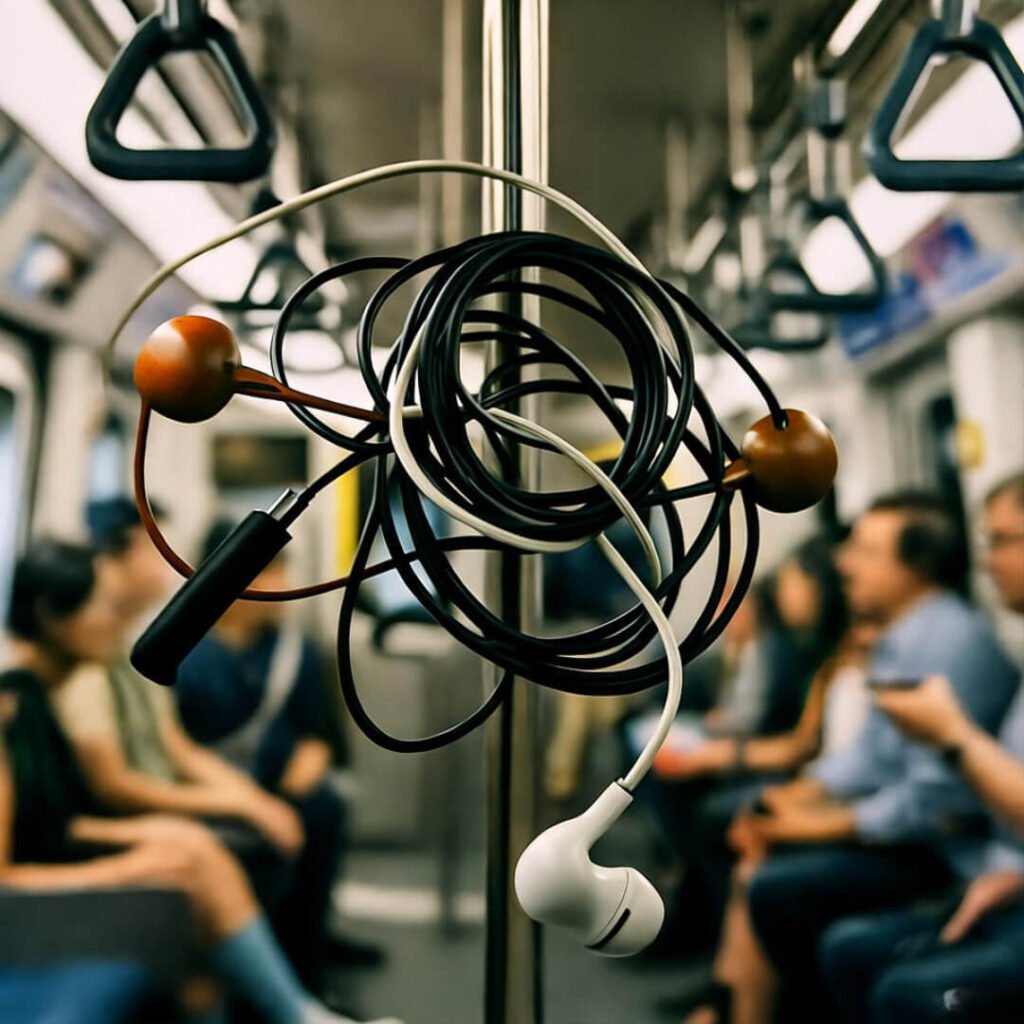 Tangled earbuds hanging in subway blur.