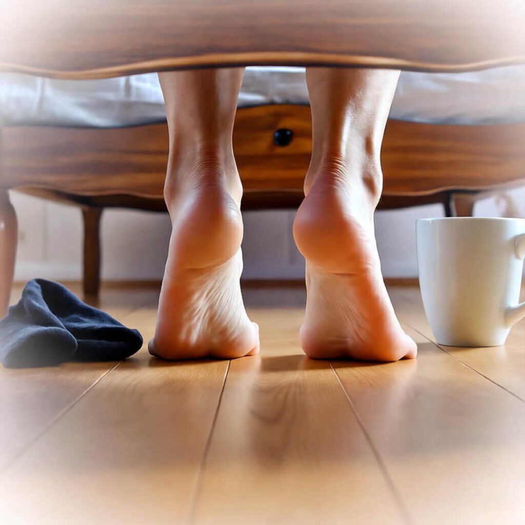 Bare feet push-up under bed, coffee nearby.
