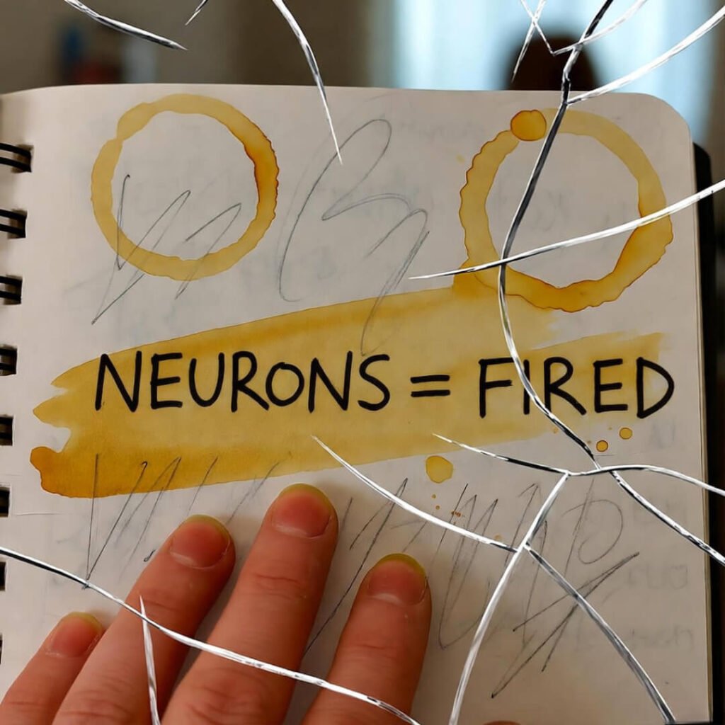Hand smearing coffee over "NEURONS = FIRED".