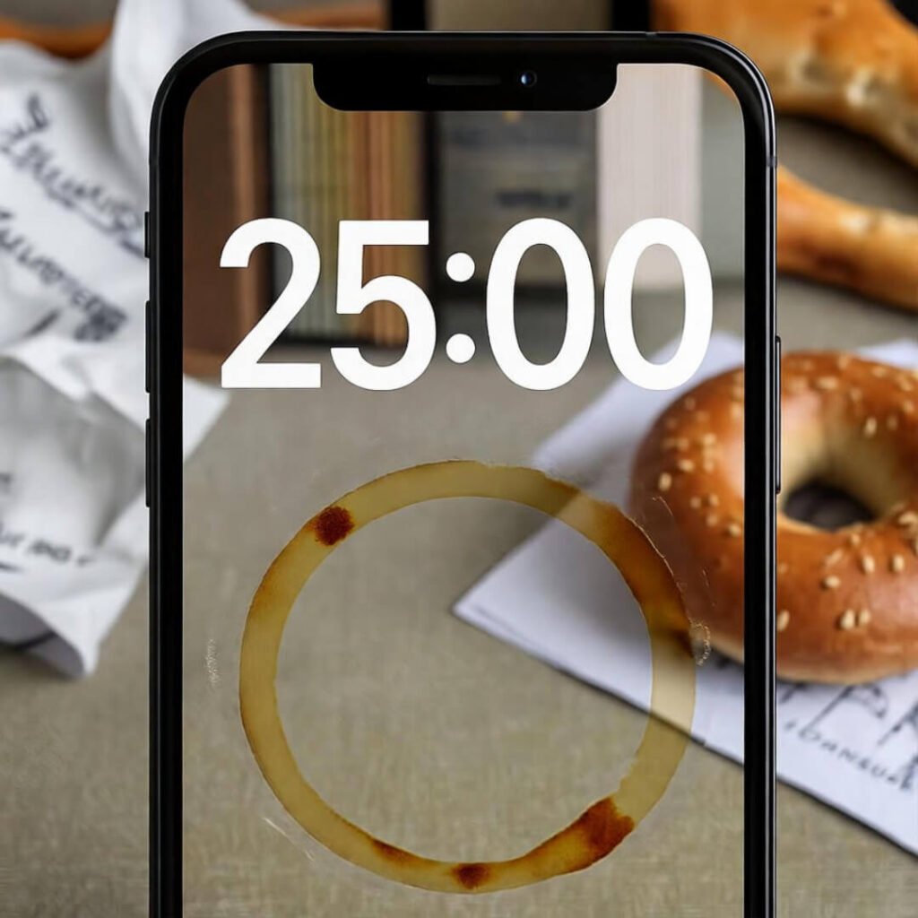 Pomodoro timer 25:00 with coffee rings, messy notes.