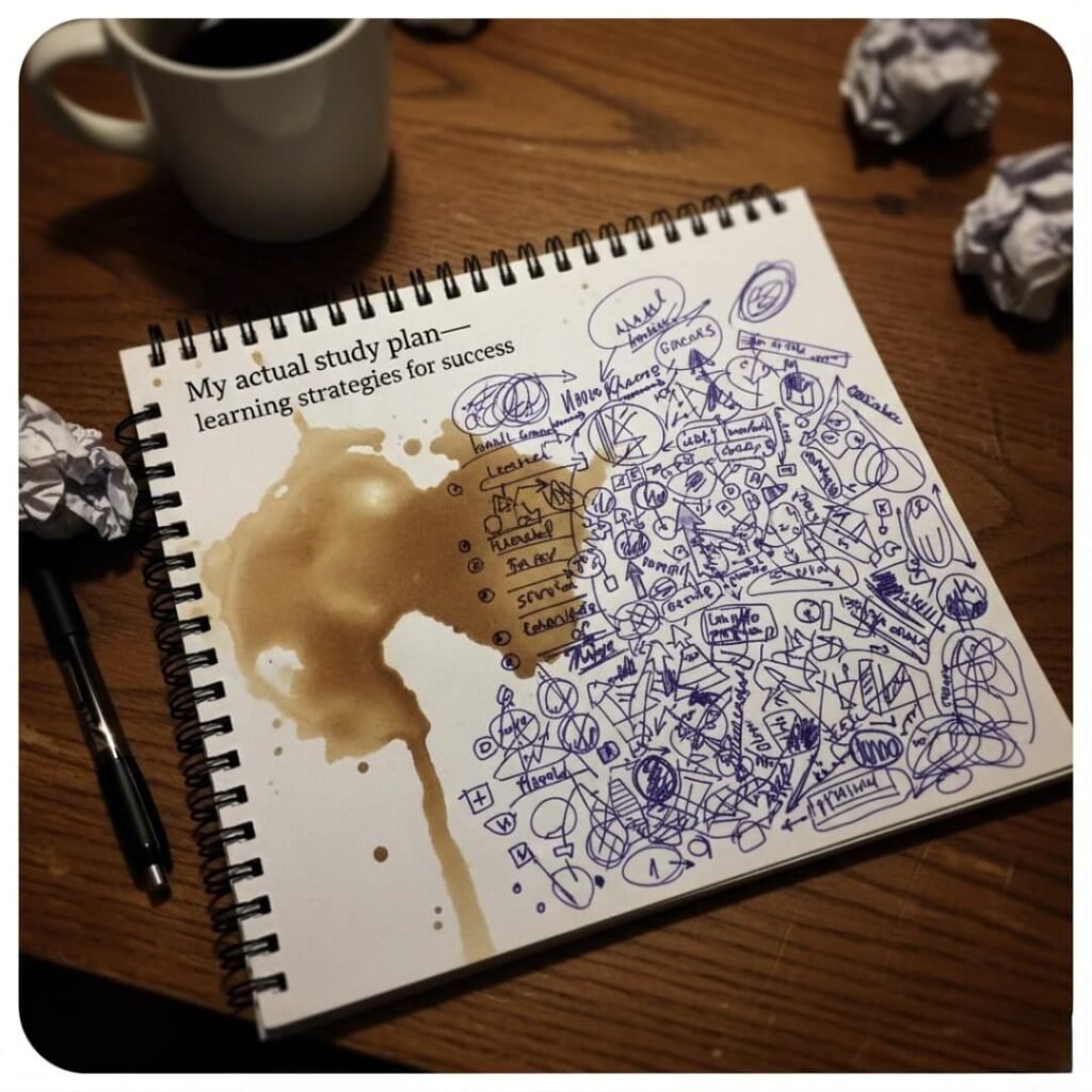 Chaotic notebook tossed with a coffee stain.