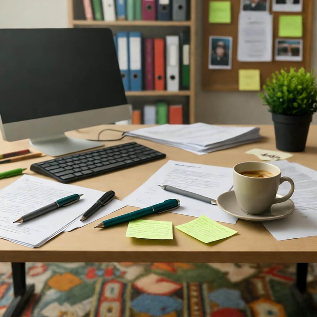 Coffee-stained desk chaos low-angle.
