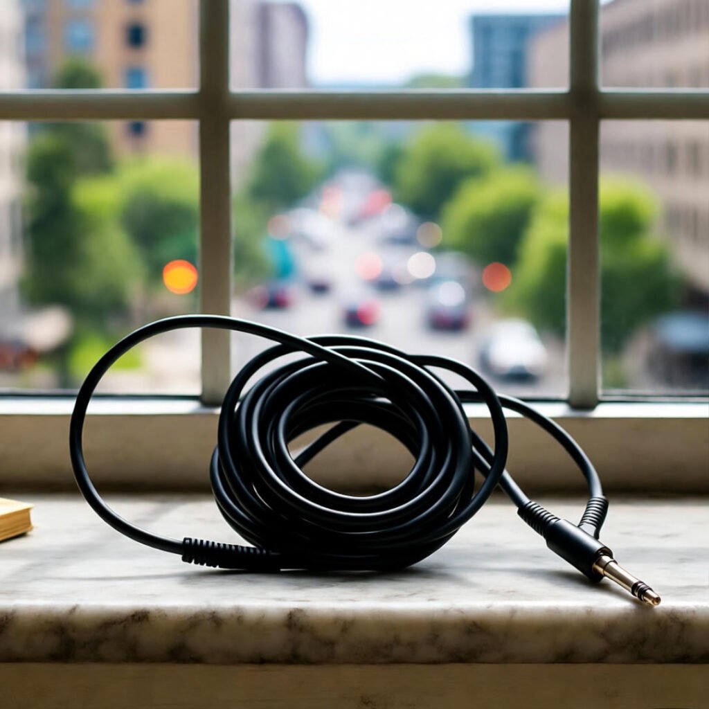 Tangled headphones by city window.