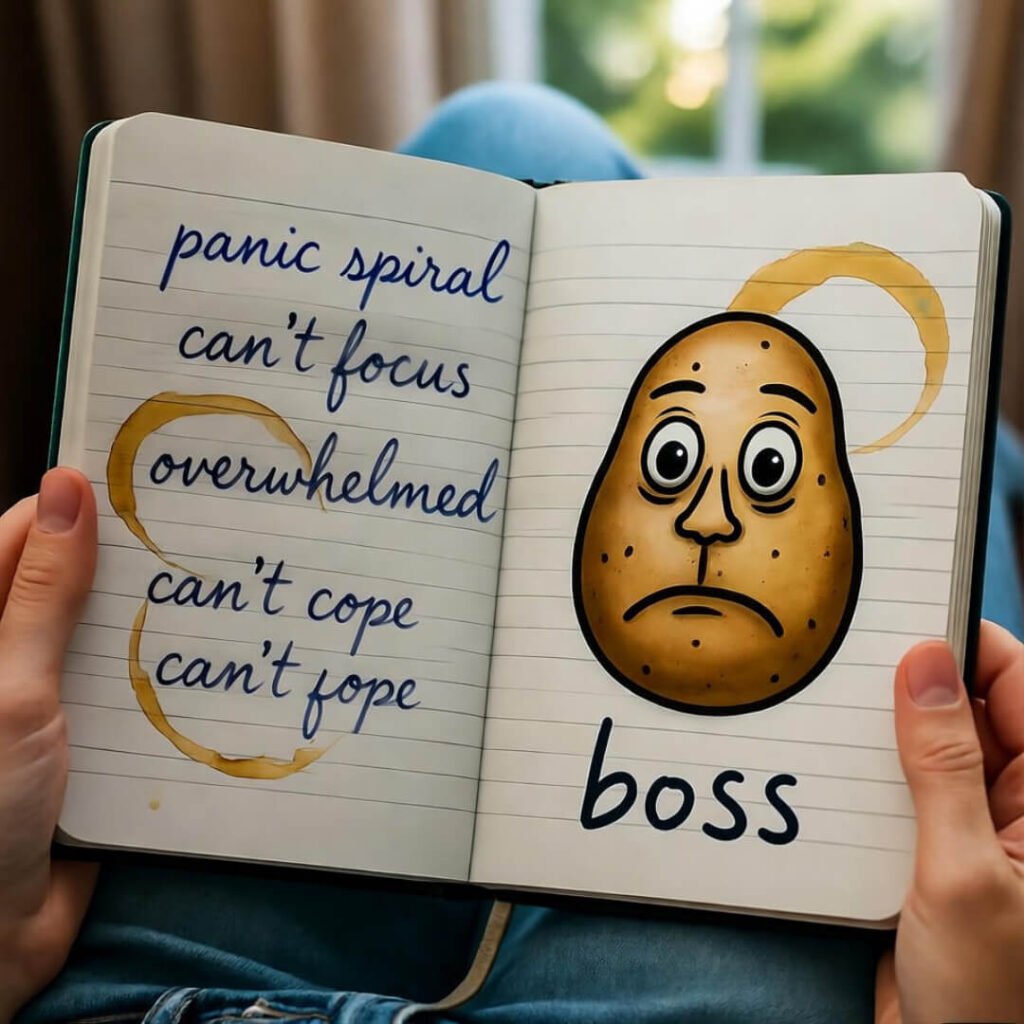 Messy journal, potato boss doodle, coffee stains.