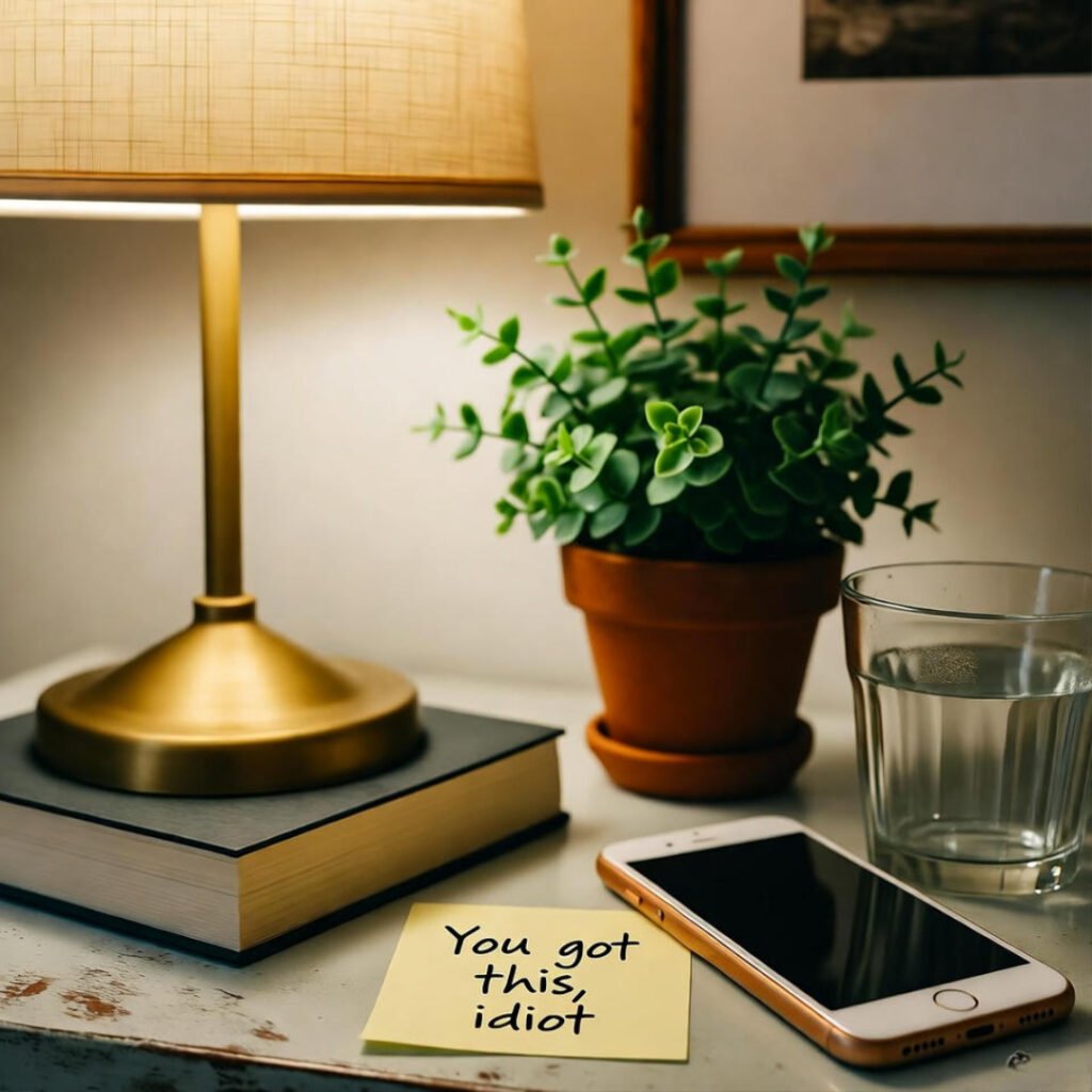 Messy table, sarcastic sticky note.