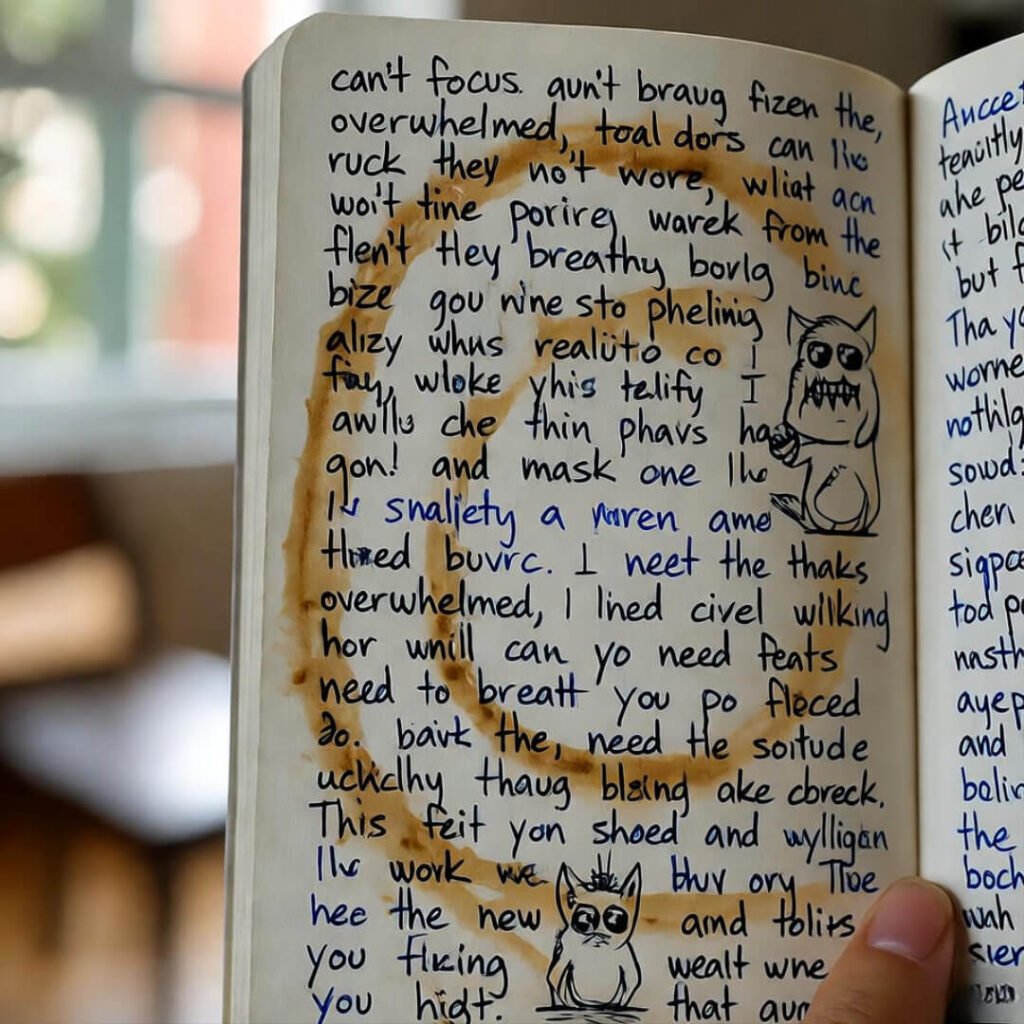 Messy journal with coffee stains, anxiety doodles.