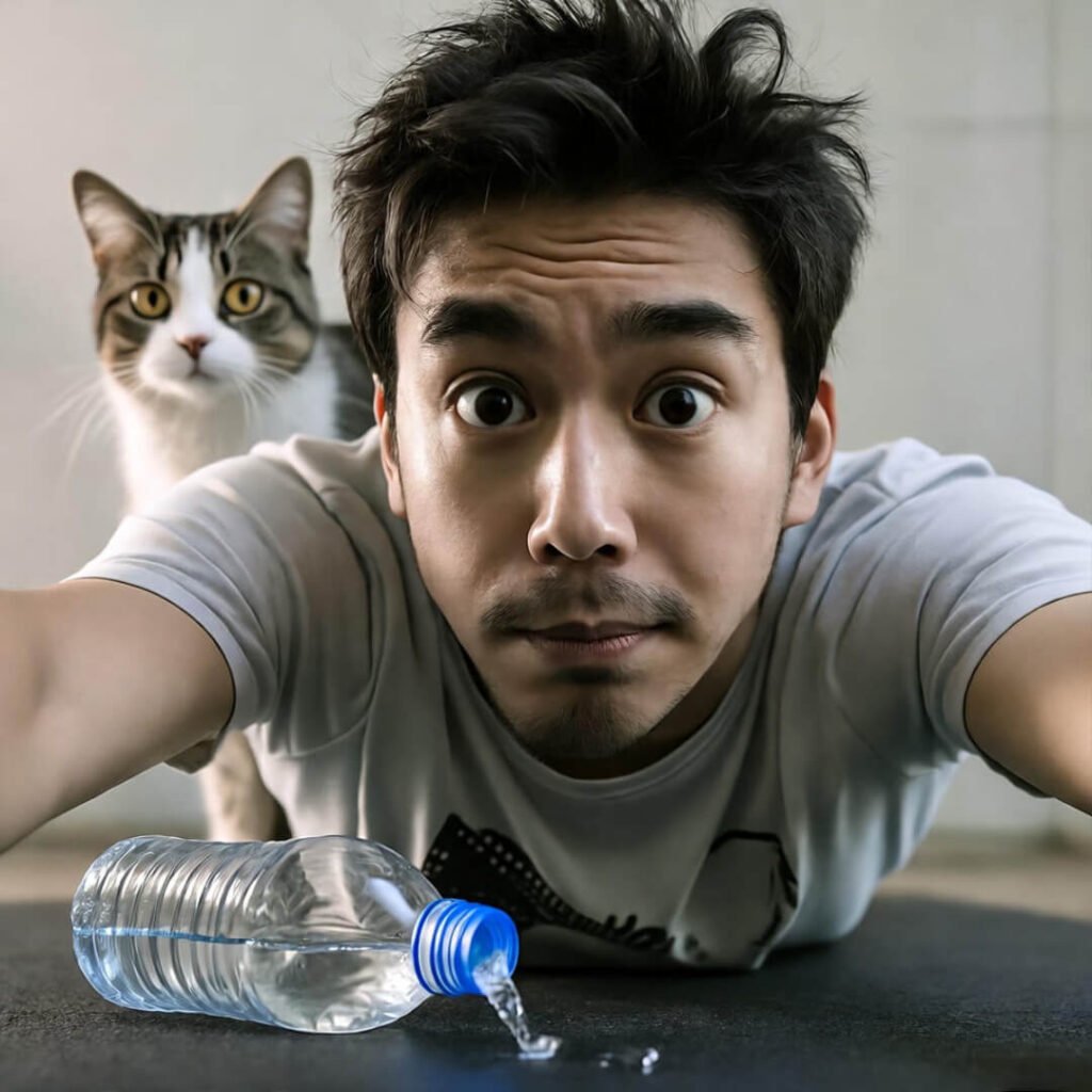 Upside-down selfie after plank fail with cat.