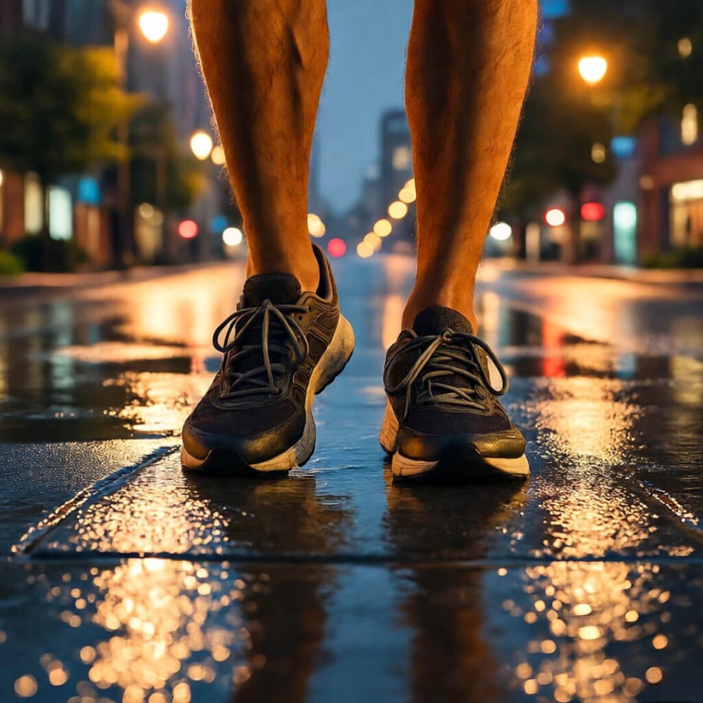 Scuffed shoes in rainy Seattle puddles.