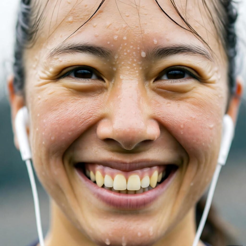 Sweaty grin, dangling earbuds post-run.