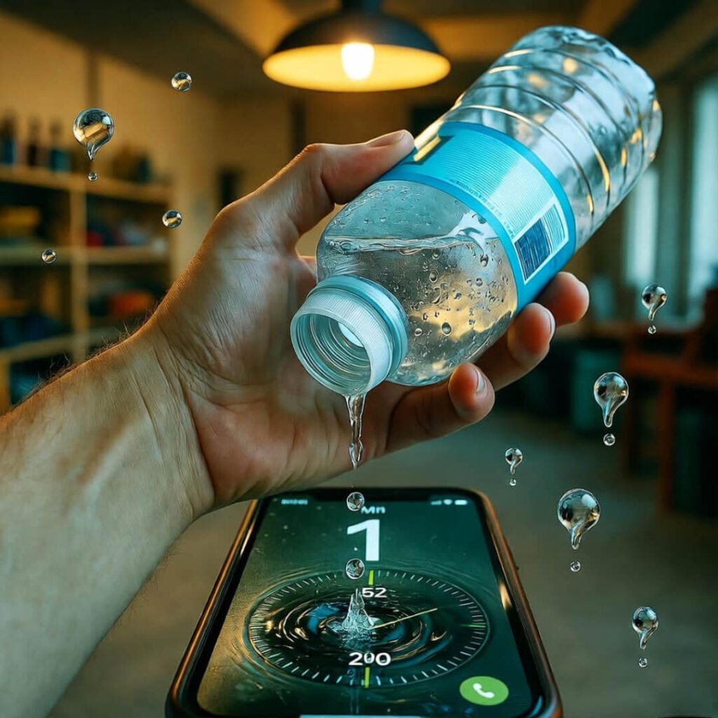 Hand dripping water on workout timer.