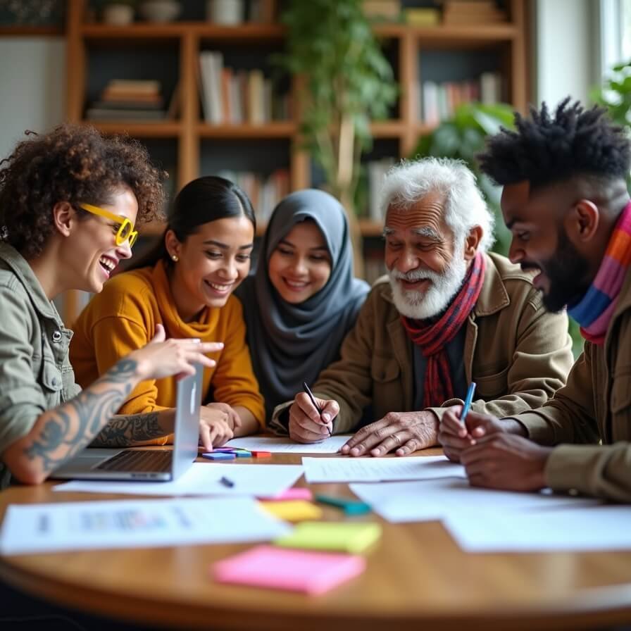 Diverse group supporting each other.