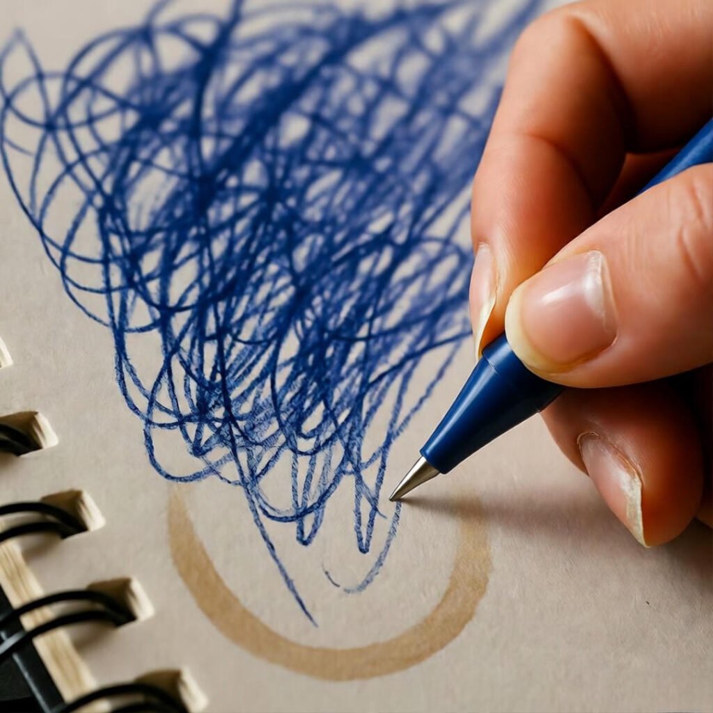 Chipped nails scribbling in stained notebook.