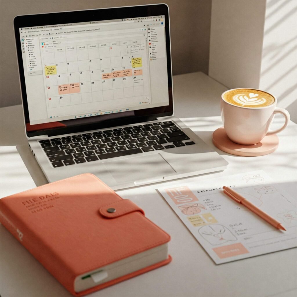 Organized desk: planner, coffee, and laptop