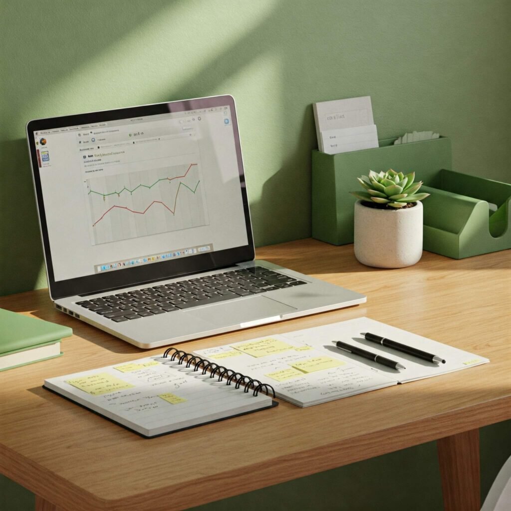 Minimalist desk with laptop, notebook, plant.
