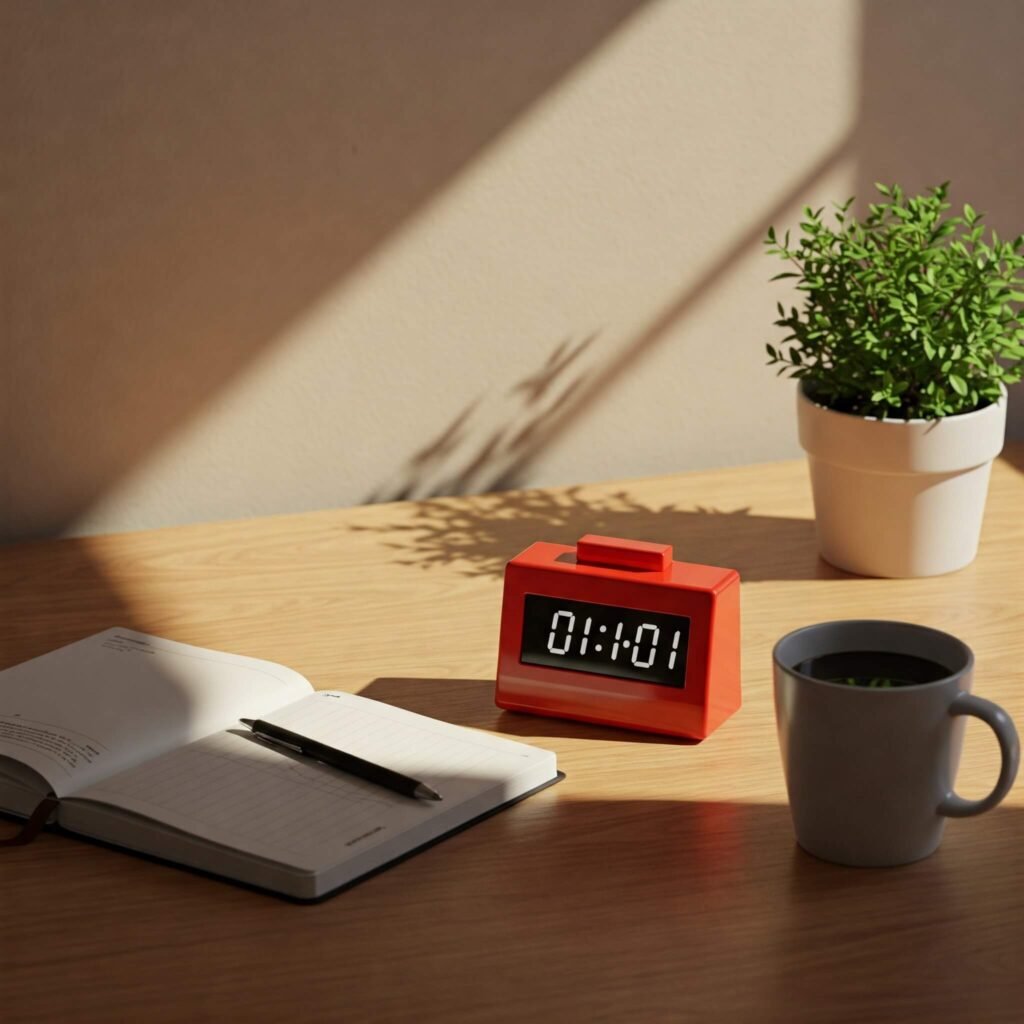 Desk with Timer, Notebook, Coffee